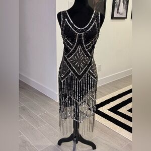 GATSBY LADY Art Deco Fringe Flapper Black Sequin Beaded Dress Size 4 VGUC